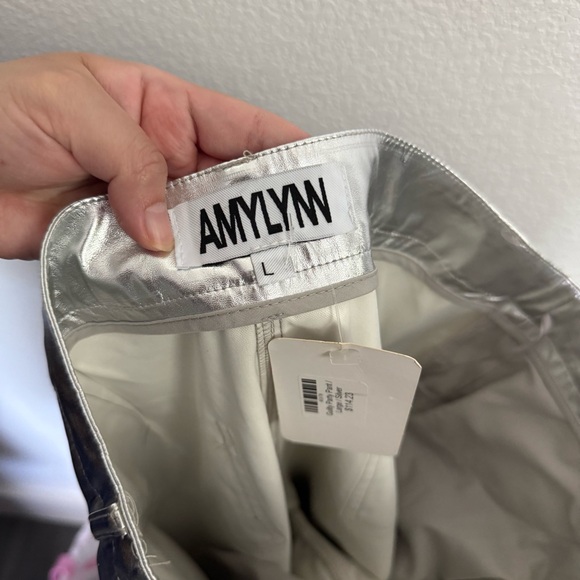 NWT Amylynn Silver Straight Leg Metallic Trousers Pants Large - Picture 5 of 8